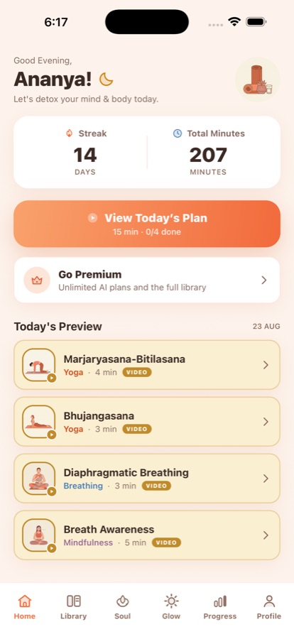 The Dtox home screen with today’s practice